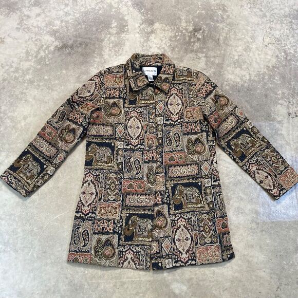 Chicos 1 M 8 Jacket Beaded Embroidered India Motif Tapestry Wearable Art Brown - Picture 1 of 12